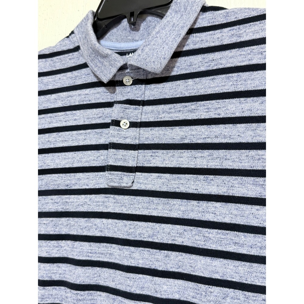 Lands End Mens Blue Black Striped Short Sleeve Pique Polo Shirt Medium
